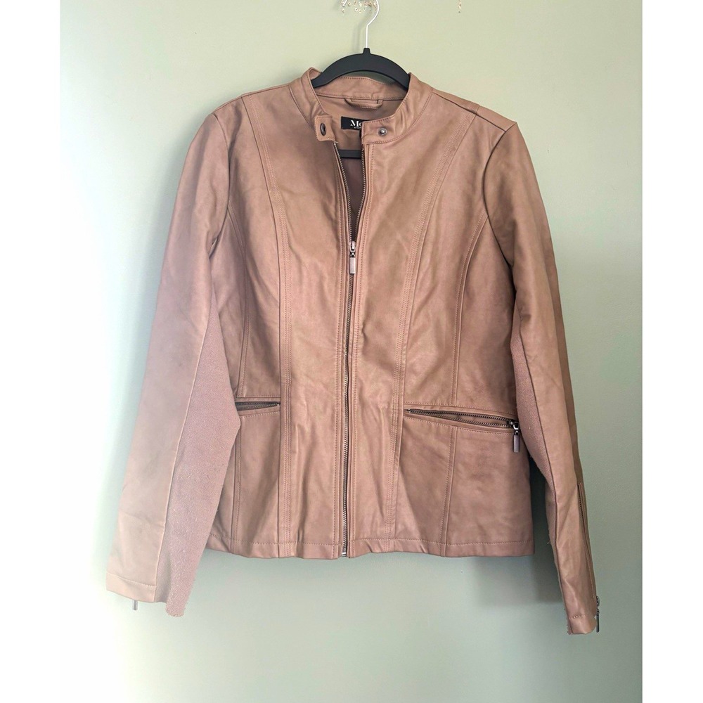 Mo-Ka Women's Faux Leather Beige Jacket Zip Front Long Sleeve Pockets Size M